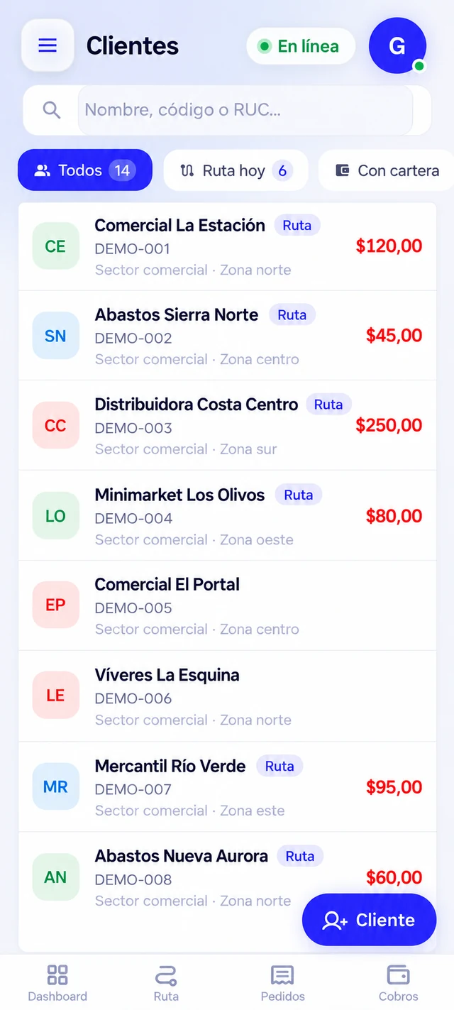 GeminiApp: clientes con nombres e importes de demostración